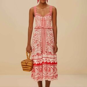 FARM RIO The Red River Ride Red & White Midi Sun Dress Sweetheart Neckline